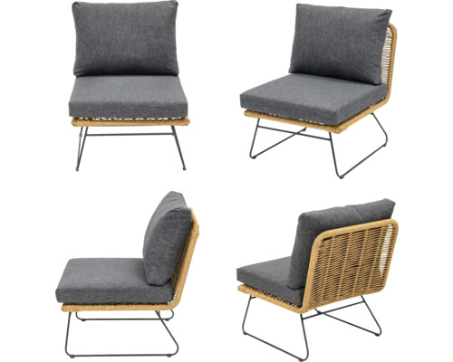Gartenstuhl mit grauen Polstern und Rattanstruktur, vier Ansichten