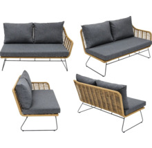 Gartencouch mit Kissen, Rattanoptik und Metallbeinen in verschiedenen Ansichten