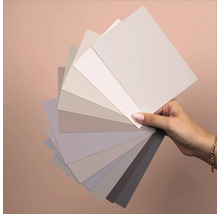 Eine Hand hält Farbmusterkarten in verschiedenen Grautönen zur Farbauswahl.