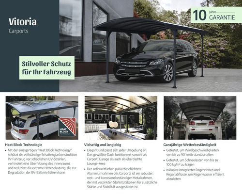 Vitoria Carport mit schwarzem Auto und 10 Jahre Garantie