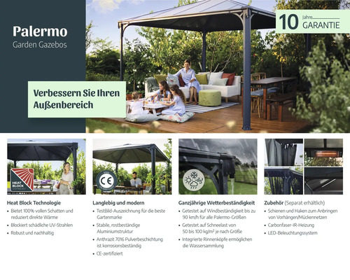 Palermo Gartenpavillons verbessern Ihren Außenbereich mit Hitzeschutz, Langlebigkeit und Wetterbeständigkeit.