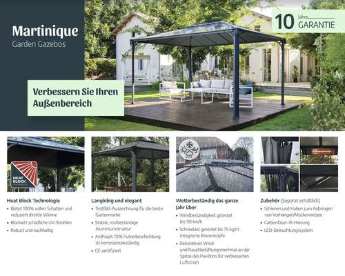 Martinique Gartenpavillon mit zehn Jahre Garantie und Zubehör für Garten, Terrassen und Aussenbereiche.