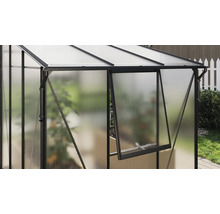 Detailansicht eines Gewächshauses mit geöffnetem Fenster zur Belüftung