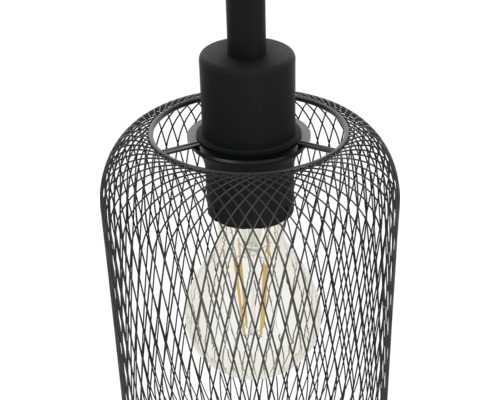 Hängelampe mit schwarzem Drahtgeflecht und Glühbirne