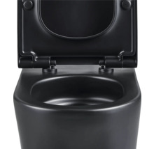 Toilettes suspendues noires avec couvercle de toilette ouvert.