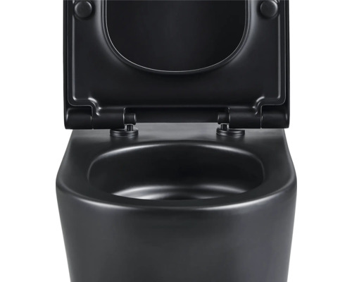 Toilettes suspendues noires avec couvercle de toilette ouvert.