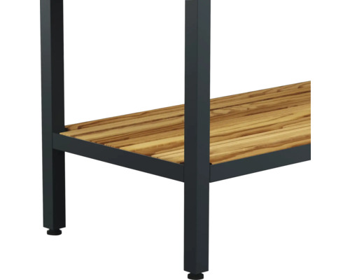 Vue détaillée d'une table avec plateau en bois et cadre en métal