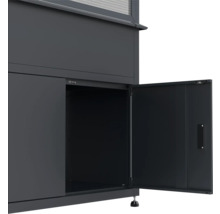 Vue détaillée d'une armoire de jardin avec une porte ouverte.