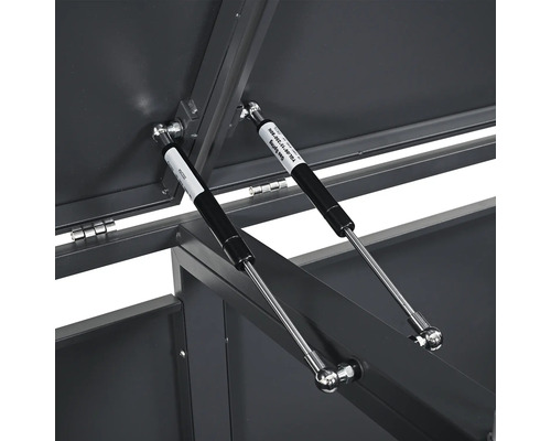 Detailansicht eines Kastens mit Gasdruckfedern zur Deckelunterstützung