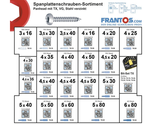Spanplattenschrauben Sortiment Panhead mit TX, VG, Stahl verzinkt und Bit-Set TX