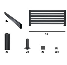 Komponenten für einen Zaun: sechs Zaunlatten, zwei Zaunpfosten, zwei Pfosten zum Aufdübeln, vier Abdeckleisten, zwei Pfostenkappen, sechzehn Schrauben