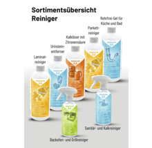 Sortimentsübersicht verschiedener Reiniger der Marke Rakkuun für Laminat, Urinstein, Kalk, Parkett, Rohrleitungen, Sanitäranlagen, Backöfen und Grills