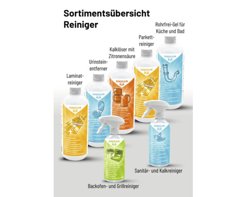 Sortimentsübersicht verschiedener Reiniger der Marke Rakkuun für Laminat, Urinstein, Kalk, Parkett, Rohrleitungen, Sanitäranlagen, Backöfen und Grills