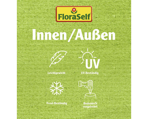 FloraSelf Logo. Eigenschaften: Innen und Aussen, leichtgewichtig, UV beständig, frostbeständig, Bodenloch vorgebohrt