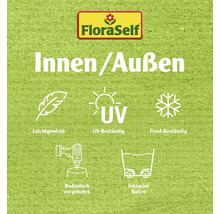 FloraSelf Logo mit den Eigenschaften: Geeignet für Innen- und Außenbereich, geringes Gewicht, UV-beständig, frostbeständig, vorgebohrtes Bodenloch, inklusive Rollen