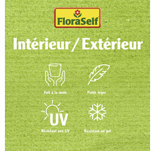 Logo FloraSelf avec des informations sur la fabrication artisanale, la légèreté, la résistance aux UV et la résistance au gel.