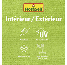 Logo FloraSelf avec informations pour intérieur et extérieur, poids léger, résistance aux UV, résistance au gel et trou pré-percé dans le fond