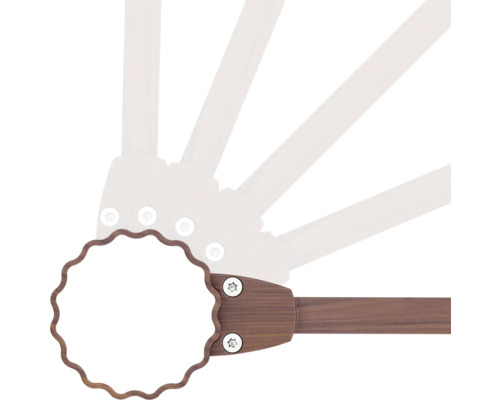 Vue détaillée d'un parasol avec baleines en bois et mécanisme rotatif