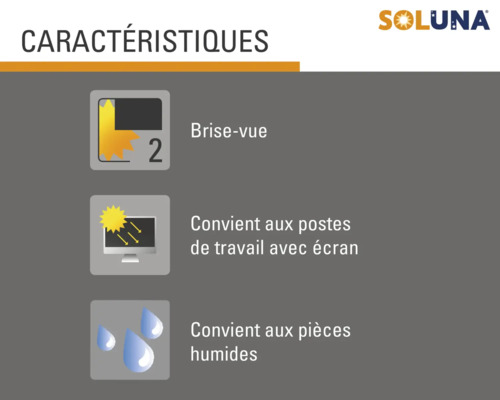 Caractéristiques Soluna : brise-vue, convient aux postes de travail avec écran, convient aux pièces humides