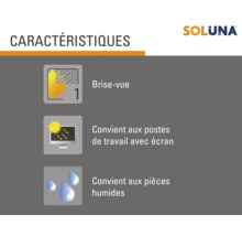 Symboles indiquant les caractéristiques du produit : brise-vue, adapté aux postes de travail avec écran, adapté aux pièces humides.