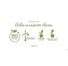 Nachhaltigkeitsmerkmale von Elho Produkten: 100 Prozent recycelt und recycelbar, hergestellt mit Windenergie, langlebige Qualität, hergestellt in den Niederlanden