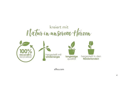 Nachhaltigkeitssiegel: 100 Prozent recycelt und wiederverwertbar, hergestellt mit Windenergie, langlebige Qualität, hergestellt in den Niederlanden