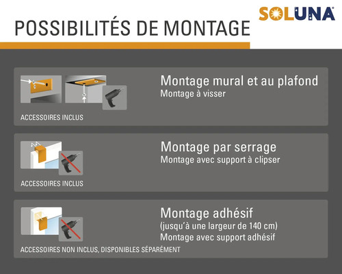 Instructions de montage Soluna pour montage mural, au plafond, par serrage et adhésif