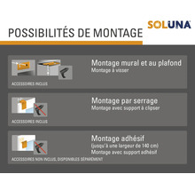 Options de montage Soluna pour montage mural, au plafond, par serrage et adhésif.