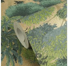 Rouleau de papier peint motif forêt vert et or