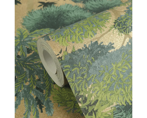 Rouleau de papier peint motif forêt vert et or