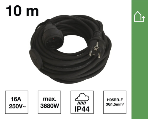 Schwarzes 10 Meter langes Verlängerungskabel mit Stecker und Kupplung