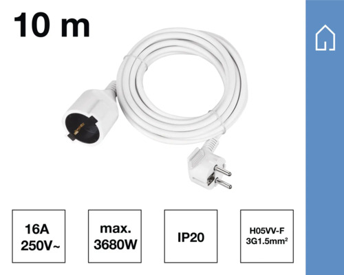 Verlängerungskabel, 10 m lang, mit Stecker und Kupplung