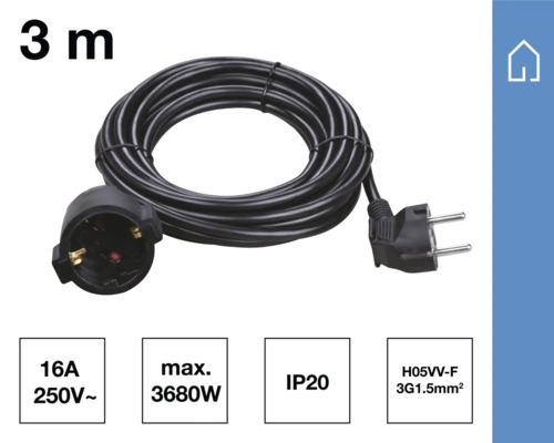 Drei Meter Verlängerungskabel mit Schutzkontaktstecker und -kupplung