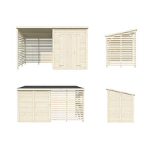 Abri de jardin en bois avec remise à outils et étagère latérale en bois, vues différentes