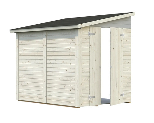 Holzschuppen mit geöffneten Türen