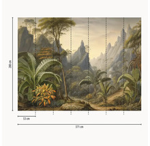 Papier peint panoramique représentant une jungle, des montagnes et des plantes tropicales, 371 sur 280 centimètres.