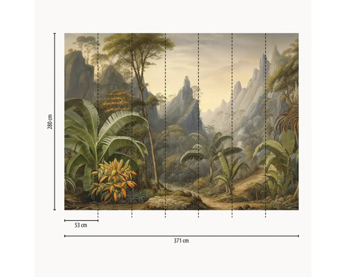 Papier peint panoramique représentant une jungle, des montagnes et des plantes tropicales, 371 sur 280 centimètres.