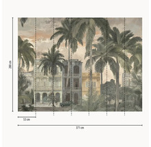 Papier peint photo avec palmiers, bâtiments coloniaux et voiture ancienne, dimensions 280 sur 371 centimètres, lés de 53 centimètres.
