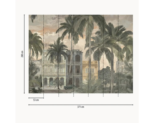 Papier peint photo avec palmiers, bâtiments coloniaux et voiture ancienne, dimensions 280 sur 371 centimètres, lés de 53 centimètres.