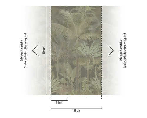 Papier peint photo avec motif jungle de palmiers, dimensions 159 par 280 centimètres, largeur de lé 53 centimètres, raccordable à l'infini.