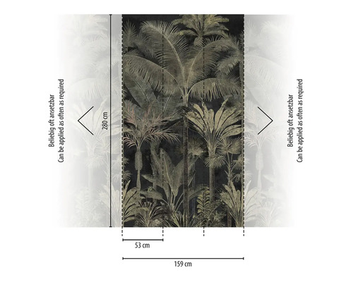 Papier peint intissé à motif de palmiers tropicaux, 159 par 280 centimètres, raccordable à l'infini, largeur de lé 53 centimètres.