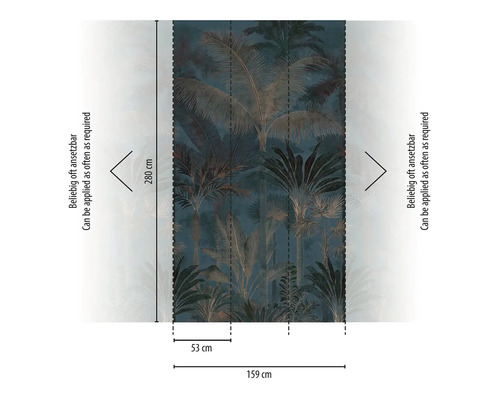Papier peint panoramique motif jungle tropicale, palmiers et plantes, hauteur 280 centimètres, largeur 159 centimètres, raccordable à l'infini.