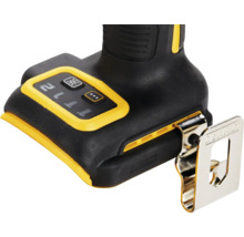 Vue détaillée d'une perceuse sans fil avec lampe, variateur de vitesse et clip de ceinture