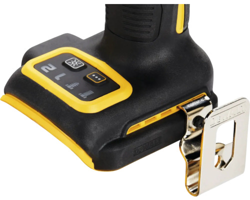 Vue détaillée d'une perceuse sans fil avec lampe, variateur de vitesse et clip de ceinture