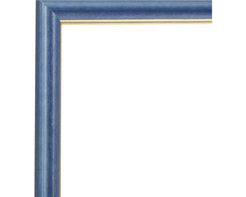 Bildecke eines blauen Holzbilderrahmens mit Goldrand