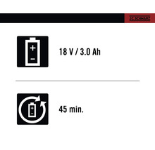 18 Volt / 3.0 Ah Akkuinformation und 45 Minuten Ladezeit
