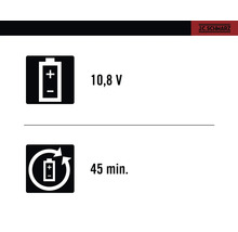Tension de la batterie 10,8 volts, temps de charge 45 minutes