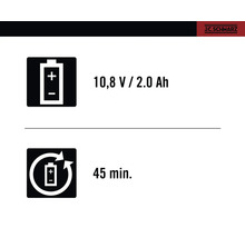 Akku-Informationen: 10,8 V / 2,0 Ah, Ladezeit 45 Minuten