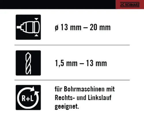 Informationen zum Bohrfutter, Bohrergrößenbereich und Rechts- und Linkslauf-Eignung