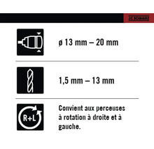 Informations sur la plage de serrage du mandrin, le diamètre de perçage et le sens de rotation